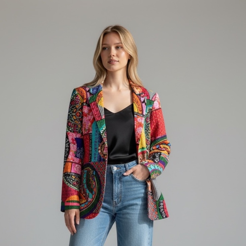 Women's Colorful Patchwork Blazer - Picture 3 of 11
